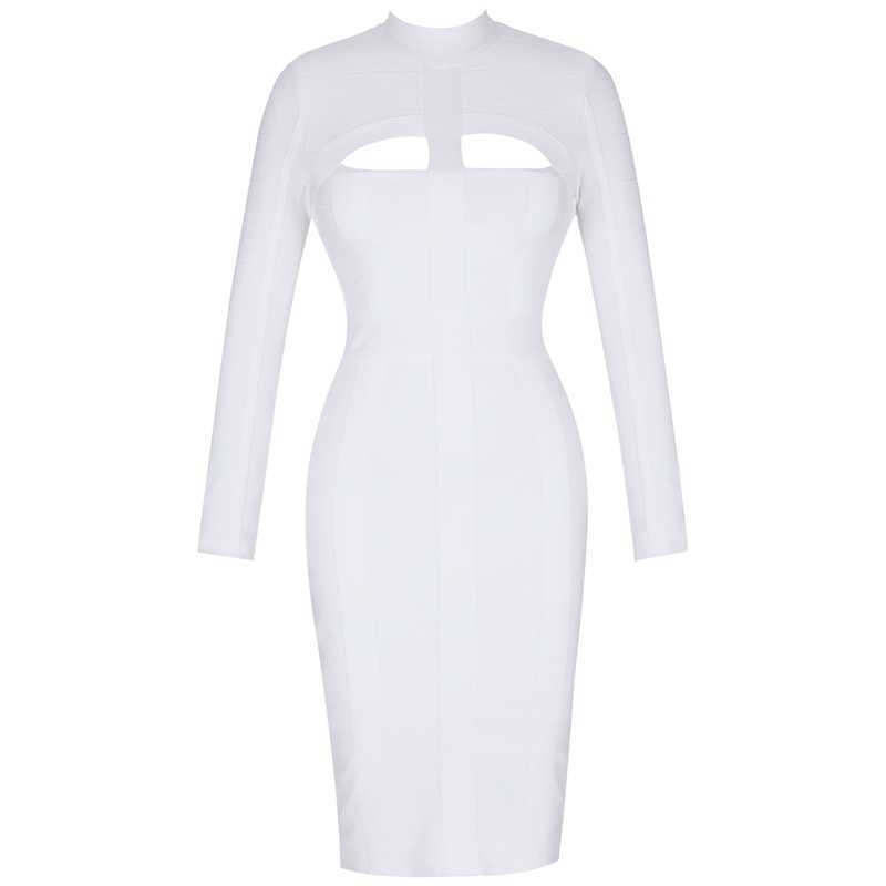 Ocstrade Women White Bandage Dress Bodycon Arrivals Sexy Cut Out High Neck Long Sleeve Party Rayon Midi 210623