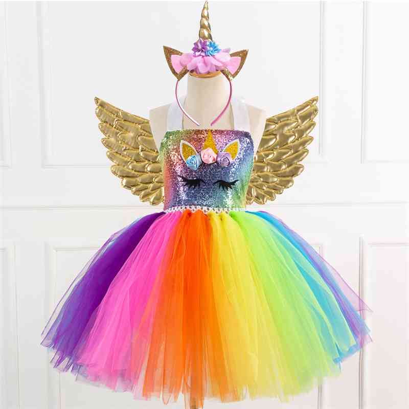 2021 new rainbow sequin girl's dress princess cartoon one corner puffy skirt with wing headdress, White
2021 new rainbow sequin girl's dress princess cartoon one corner puffy skirt with wing headdress, White