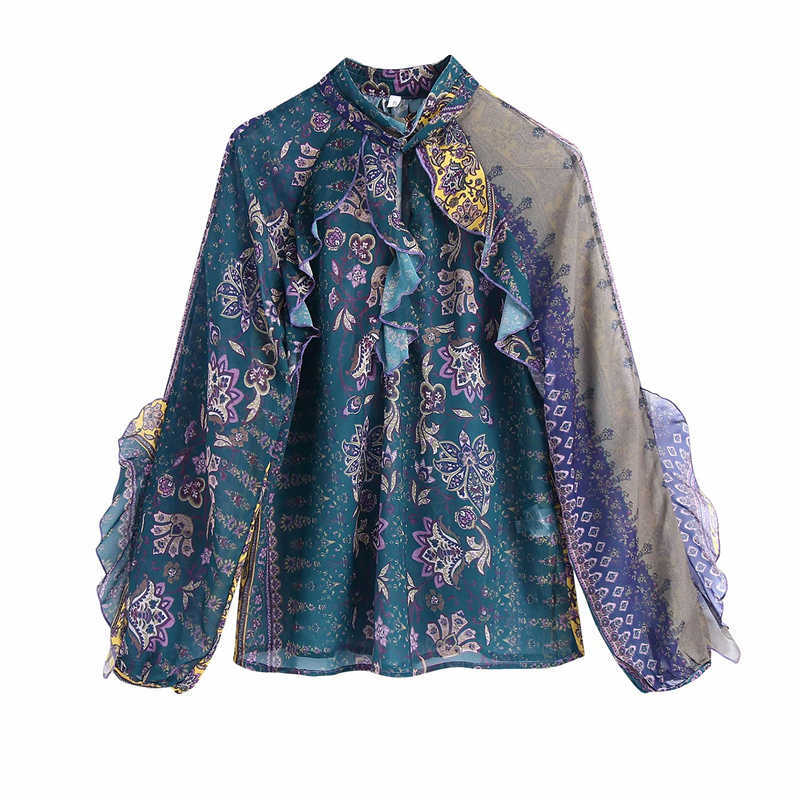 Vintage Women Chiffon Ruffles Shirts Fashion Ladies O-Neck Loose Tops Causal Female Boho Print Patchwork Blouses 210527