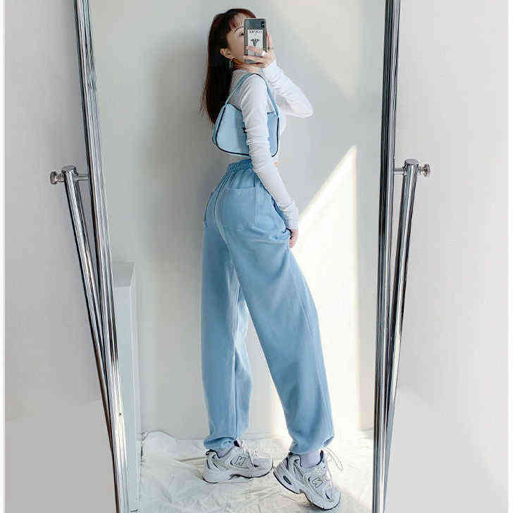 Loose women spring and autumn high-waist harem trousers padded pants pink blue solid stacked sweatpants cotton Straight 211112
