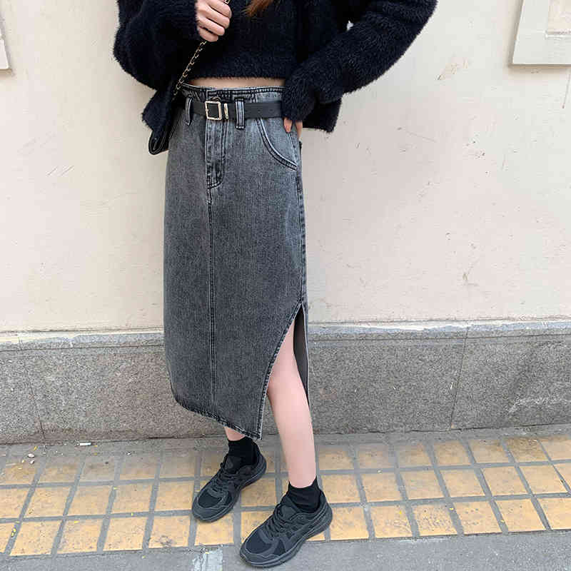 S-XL 2Color Long Denim Skirt korean style Side Split High Waist Midi Skirts Women split Jean Skirt Style Saia Jeans (72856 210423