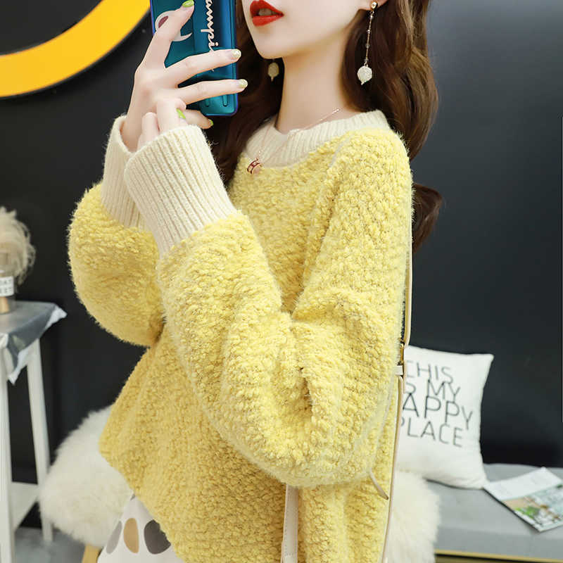 H.SA Korean Fashion women pullovers winter jumpers knitwear Mohair Soft Warm Patchwork Knitwear Loose Knitted Sweaters Winter 210716