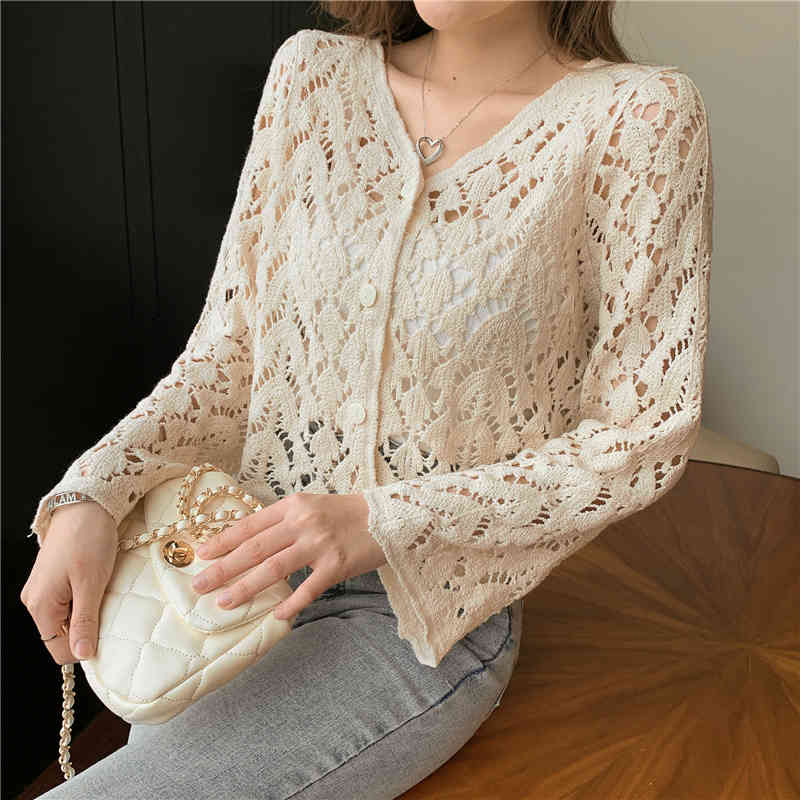 Comelsexy Korean Elegant Vintage Hollow Out Floral Crochet White Lace Summer Blouses Women Crop Tops Women Shirts Cardigan 210515