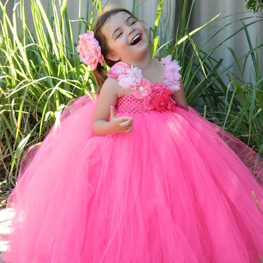 Fashion Pink Flower Girls Tutu Dress Baby Crochet Tulle Hand Made Flowers Ball Gown Children Birthday Party Costume Dresses