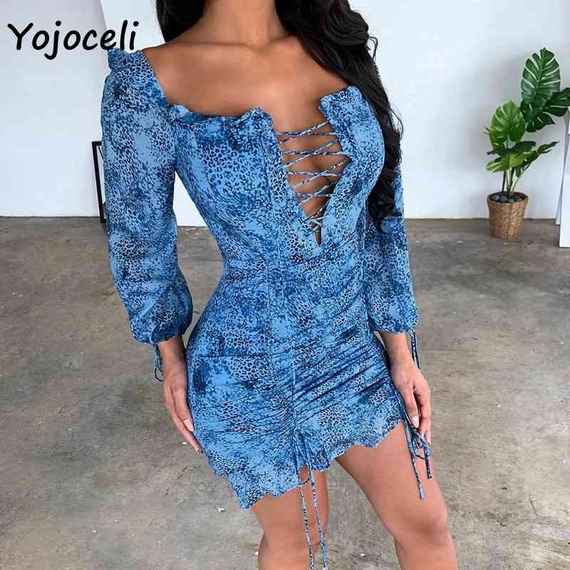 Yojoceli women off shoulder print dress women lace up boho beach party dress bodycon mini dress long sleeve spring 210409
