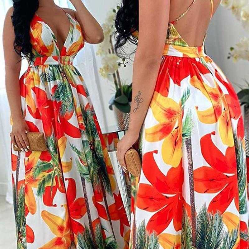 Summer Women Elegant Formal Gown Backless Maxi Dress Beach Dress Female Stylish Floral Open Back Long Party Dress 210716