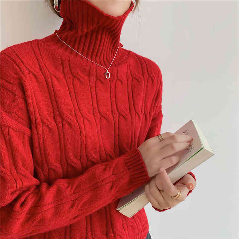 Autumn Winter OL Outwear Vintage Turtleneck Twist Sweater Women Short Tops Elegant Long Sleeve Knitted Sweaters 210421