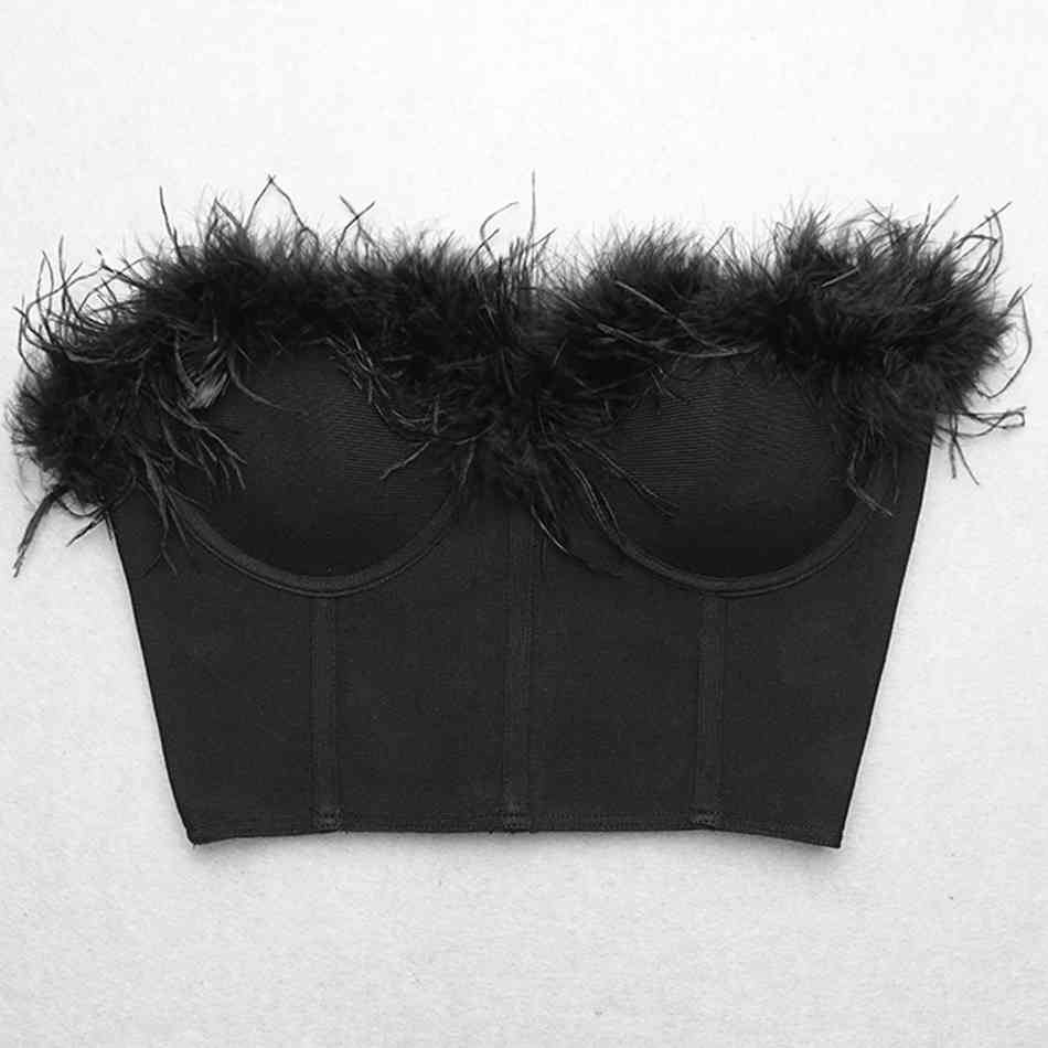 High Quality Fashion Sexy Black White Strapless Sleeveless Feathers Dotted Party Bandage Tops Wholesale 210524