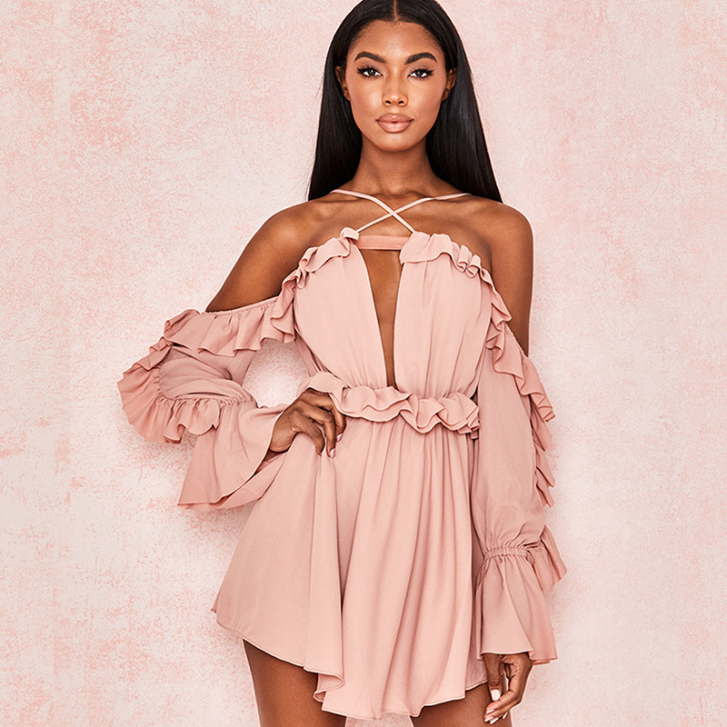 Summer Sexy Dress Women Long Sleeve Off The Shoulder Ruffled Dress Style Backless Holiday and Vocation Dress Women#0079 210409