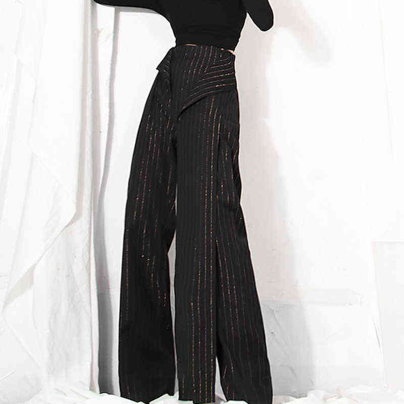 TWOTWINSTYLE Striped Black Casual Straight Pants For Women Korean Fashion High Waist Wide Leg Pant Females Autumn Style 211124