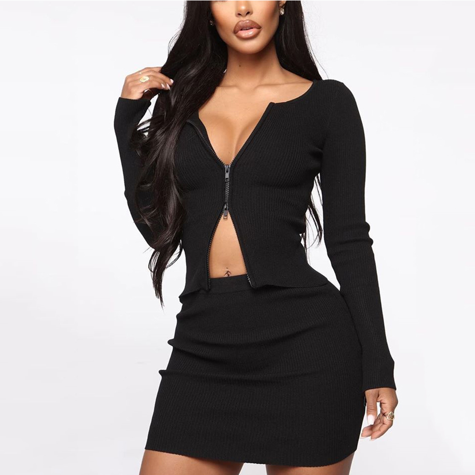 NewAsia Garden Ribbed Knit Two Piece Set Women Double Zipper Split Sleeve Casual Mini Skirt Set Sexy White Two Piece Outfits 210413