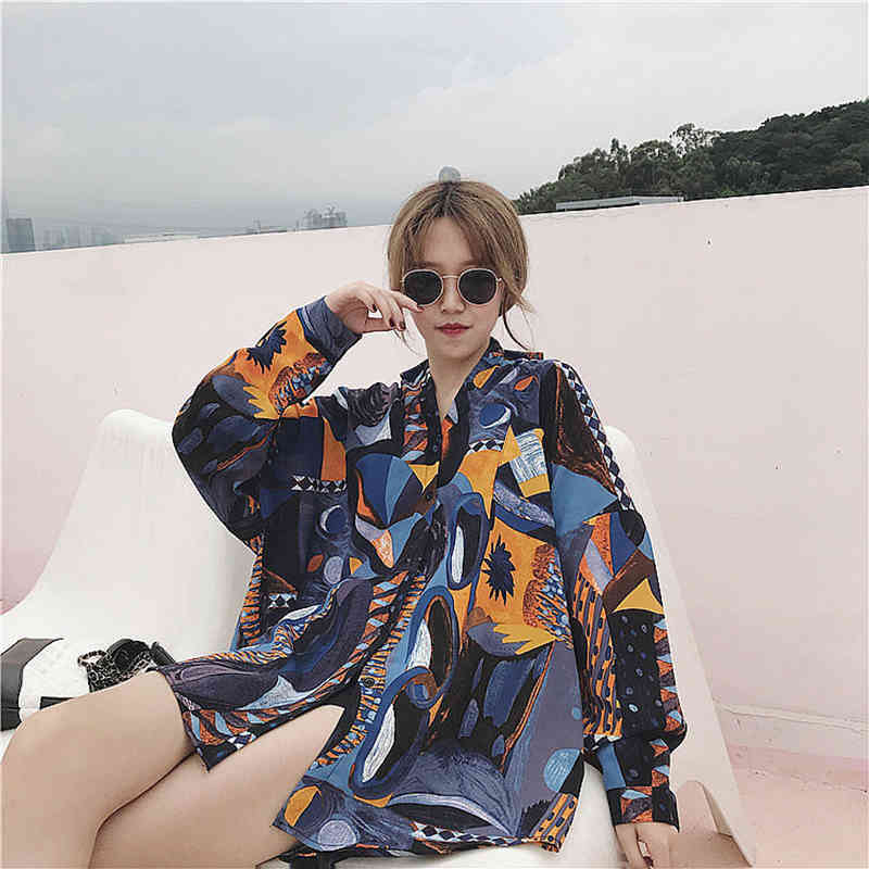 Spring Autumn Women Loose Long Shirts Plus Size Ink Painting Geometric Chiffon Blouses Female Turn-down Collar Ladies Tops D376 210512