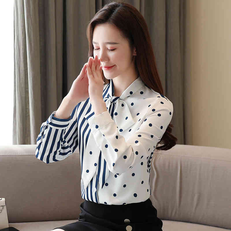 Autumn White Polka Dot Chiffon Women Blouse Casual Long Sleeve Striped Shirt Bow Button Cardigan Ladies Tops 10755 210518