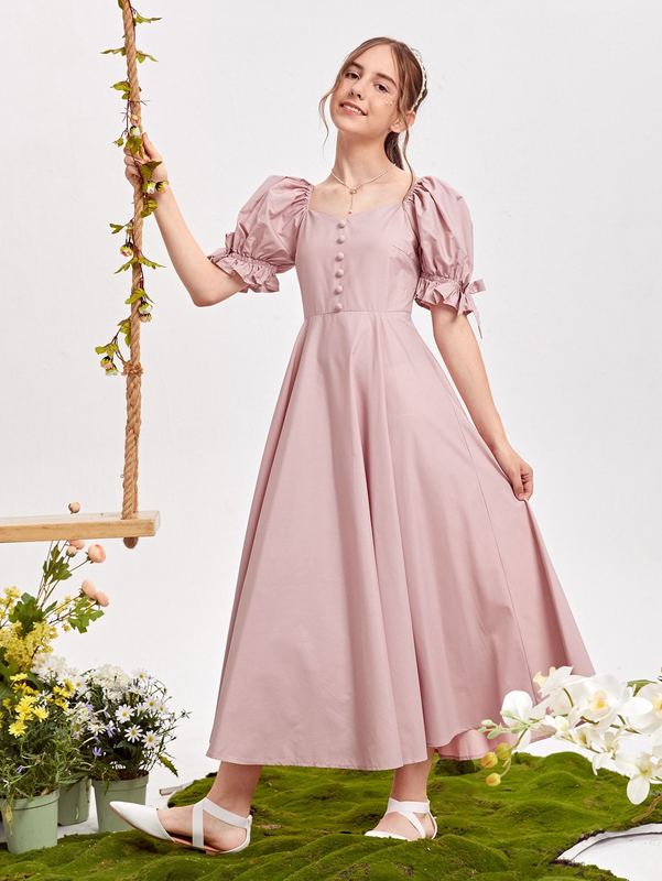 Teen Girls Bow Detail Puff Sleeve Button Front Dress SHE