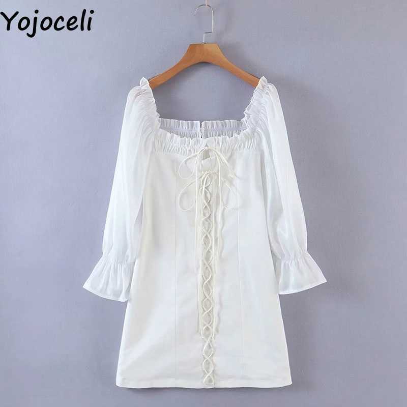 Yojoceli Elegant sexy lace up bodycon dres summer white short mini Casual beach cool vestidos 210609