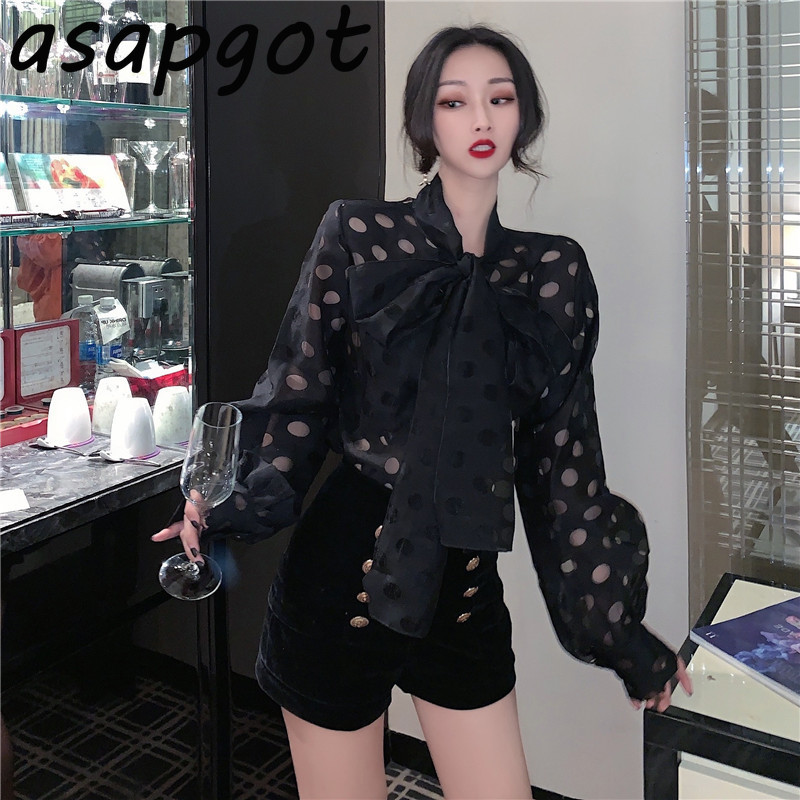 Transparent Retro Blouse Lantern Sleeve Red Polka Dot Bow Shirts Long Top Chic High StreetWear Loose Fashion Blusas 210429