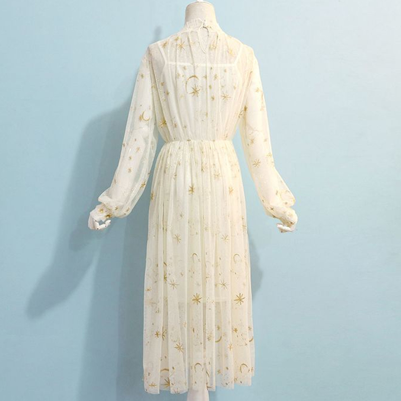 Gray Beige Navy Star Moon Embroidery Dress Women Mesh Puff Sleeve Long Stand Collar Midi Elegant Party 12992 210508