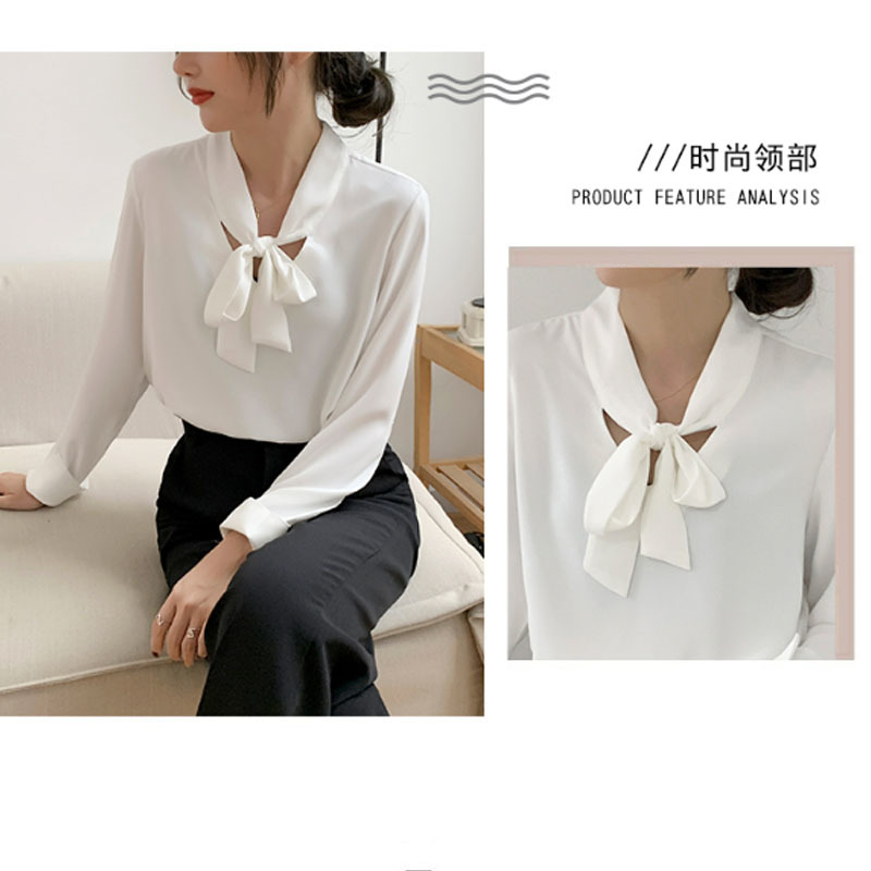 Fashion Women White Blouses Office Lady for Long Sleeve Bow Tops Casual V-neck Elegant Shirts 6073 50 210506