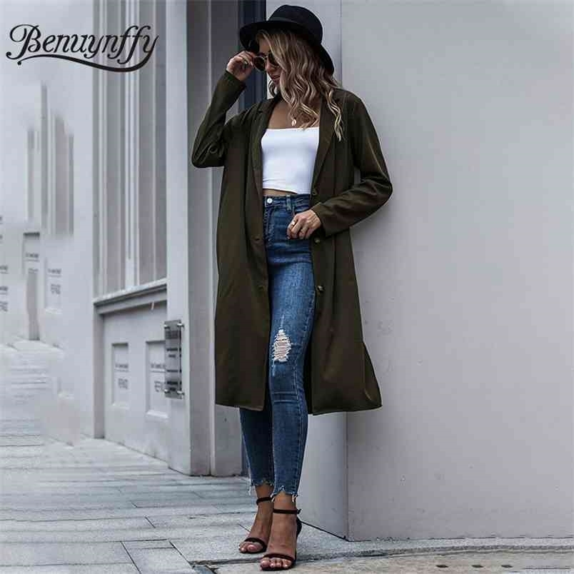 Army Green Notched Collar Single Breasted Trench Coat Women Autumn Streetwear Fashion Split Hem Long Coats Outerwear 210510