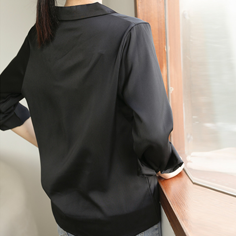 OL Elegant Black Satin Shirt Femme Autumn Vintage Suit Collar Women Blouses Long Sleeve Loose Tops Female Blusas 210421