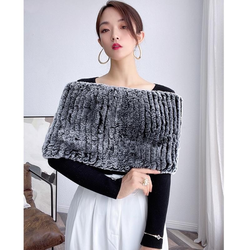 Scarves Real Rex Fur Knitted Shawls Wraps Women's Warm Winter Shoulder Warmer Fluffy Elastic Scarf