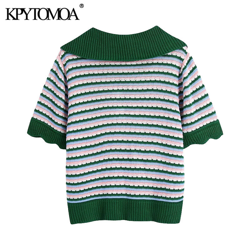 Women Fashion With Rhinestone Button Knitted Sweater Lapel Collar Short Sleeve Female Pullovers Chic Tops 210420