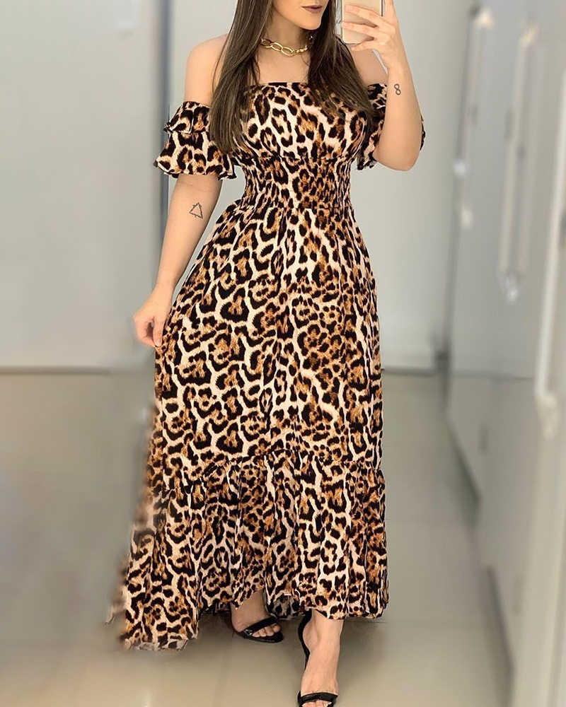 Women Off Shoulder Elegant Fashion Cocktail Sexy Party Dresses Ball Gown Leopard Maxi Dress 210716