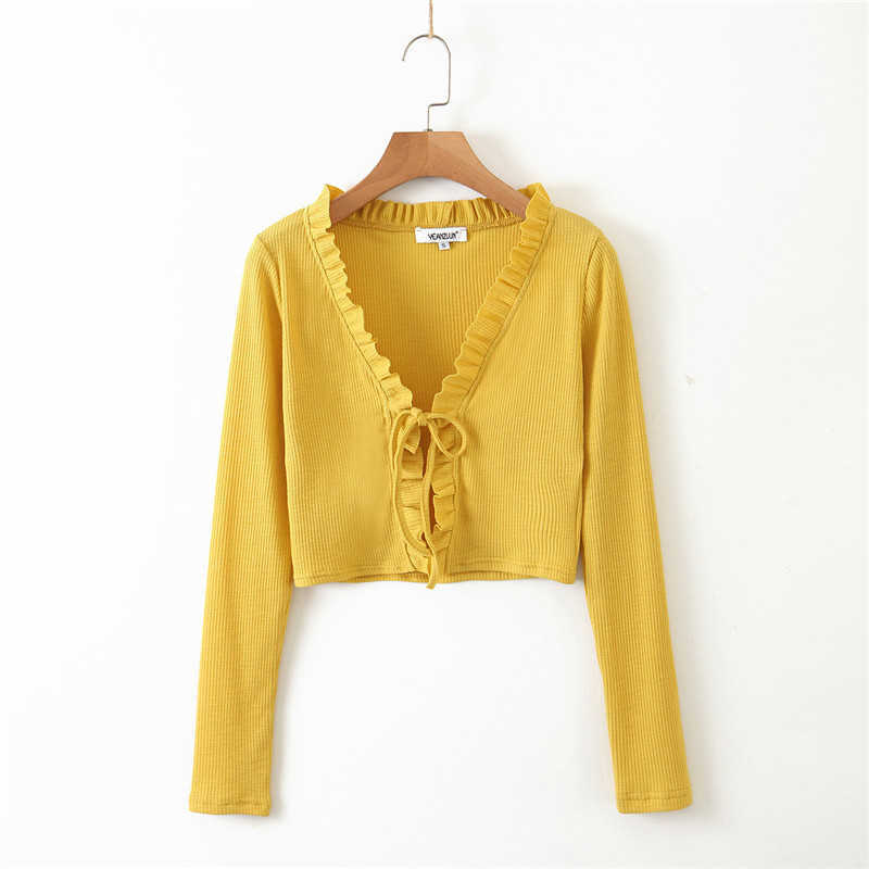 HSA Women Autumn Cardigans Sweater V-Neck Ruffles Sweater Cardigans Long Sleeve Lace up Knit Jumpers Stripe Vintage Jacket 210716