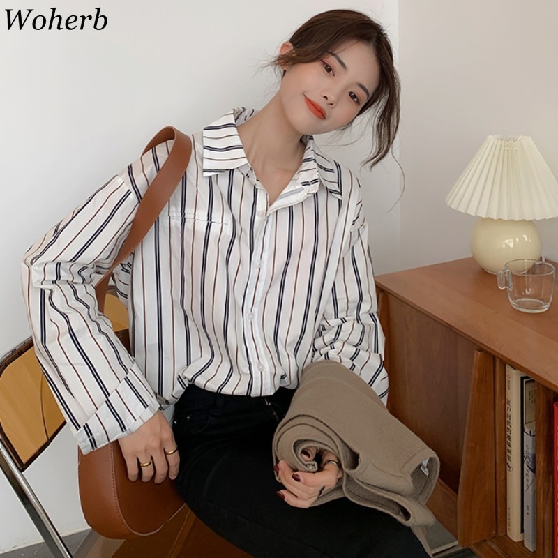 Spring Summer 2 Pieces Set Knitted Vest + Vintage Striped Blouse Korean Fashion Casual Outfits All Match Suits 210519