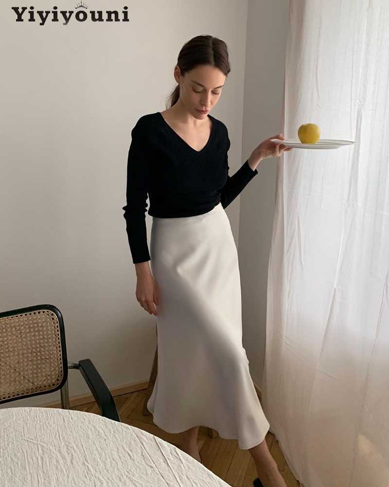 Yiyiyouni Elegant High Waist Satin Silk Skirt Women Spring Solid Slim A-line White Party Mid-Calf Lady Office 210619