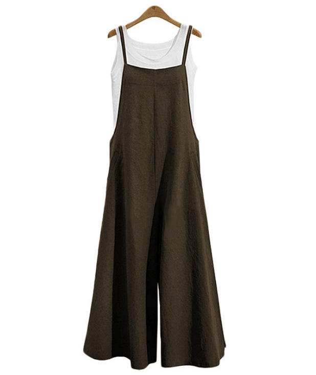 Casual Summer women's Solid Strap Wide Leg Pants Pockets Romper Dungaree Bib Overalls Loose Cotton Linen Jumpsuits for women 210428
