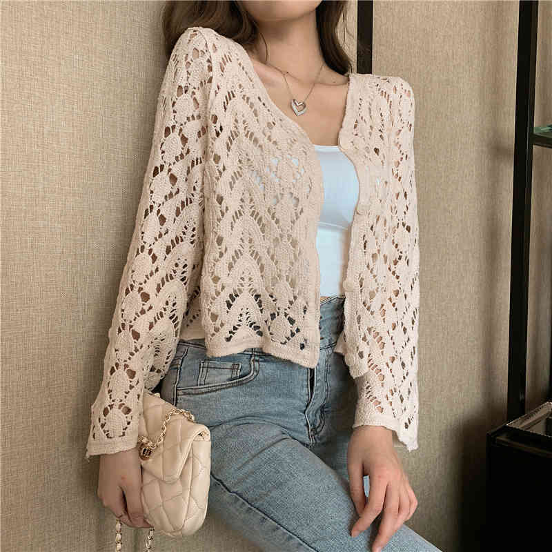 Comelsexy Korean Elegant Vintage Hollow Out Floral Crochet White Lace Summer Blouses Women Crop Tops Women Shirts Cardigan 210515