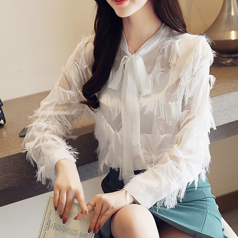 blusas mujer de moda Women Blouses Casual Pink and White Elegant ladies tops Long Sleeve Bow Women Clothing 5544 50 210417