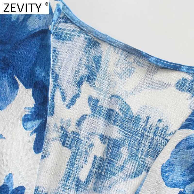 Zevity Women Fashion Knotted V Neck Floral Print Calf Length Jumpsuits Chic Lady Short Sleeve Elastic Waist Casual Rompers P1130 210603