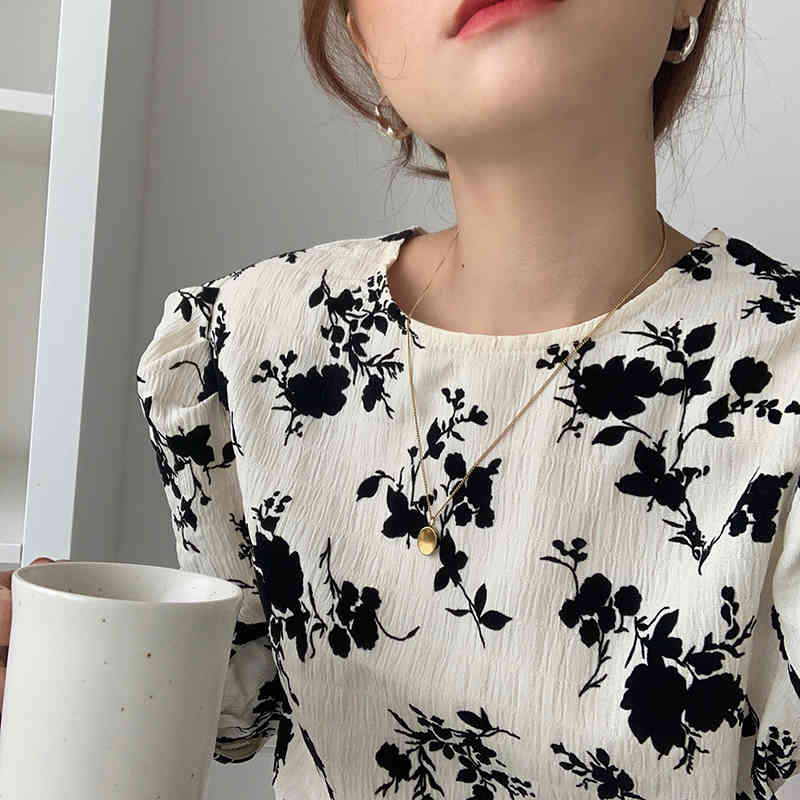 Nomikuma Korean Floral Printed Blouse Tops Causal O-neck Puff Long Sleeve Pullover Shirt Autumn New Blusas Mujer 6C630 210427