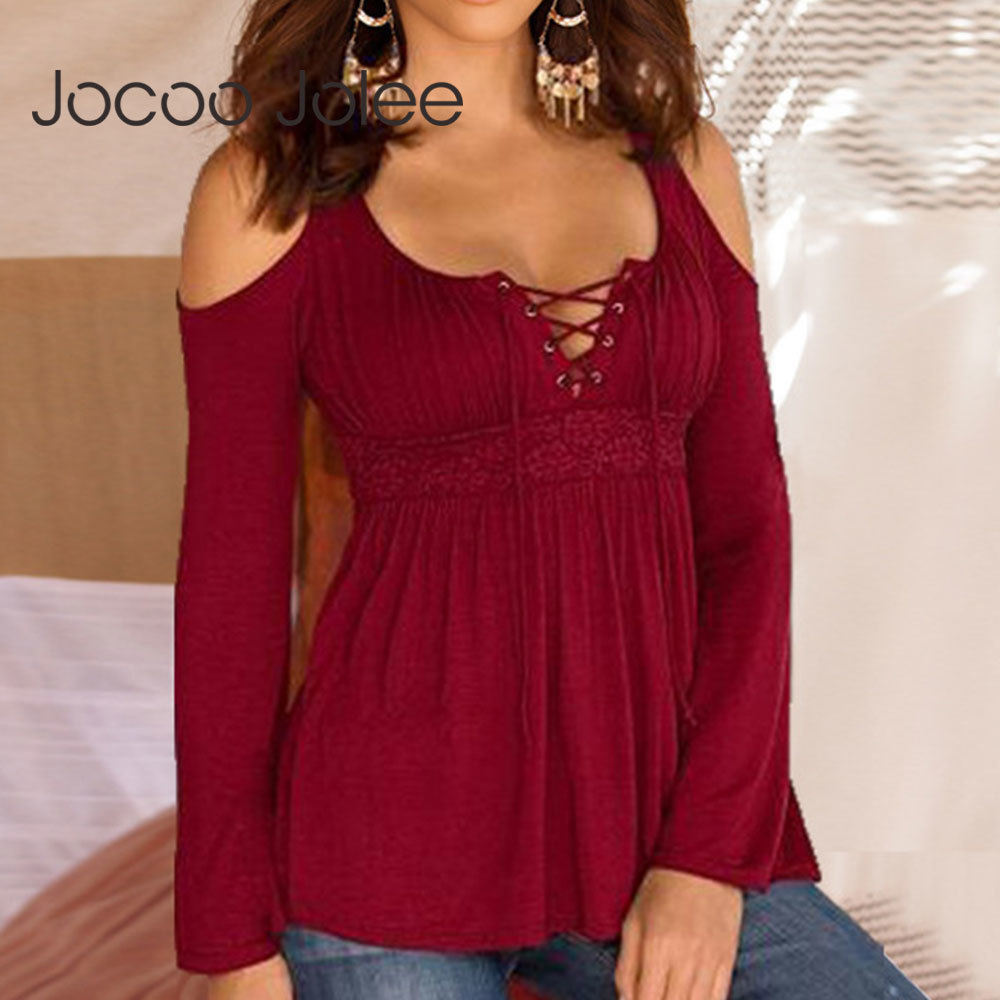 Women Elegant Long Sleeve Off the Shoulder Slim Shirt Lace Blouses Casual Up Cross Female Wild Top 210428