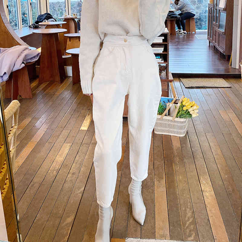 Autumn Harem Jeans Pants Fashion High Waist Loose White Denim Women Casual Solid Color Pantalon 10391 210518