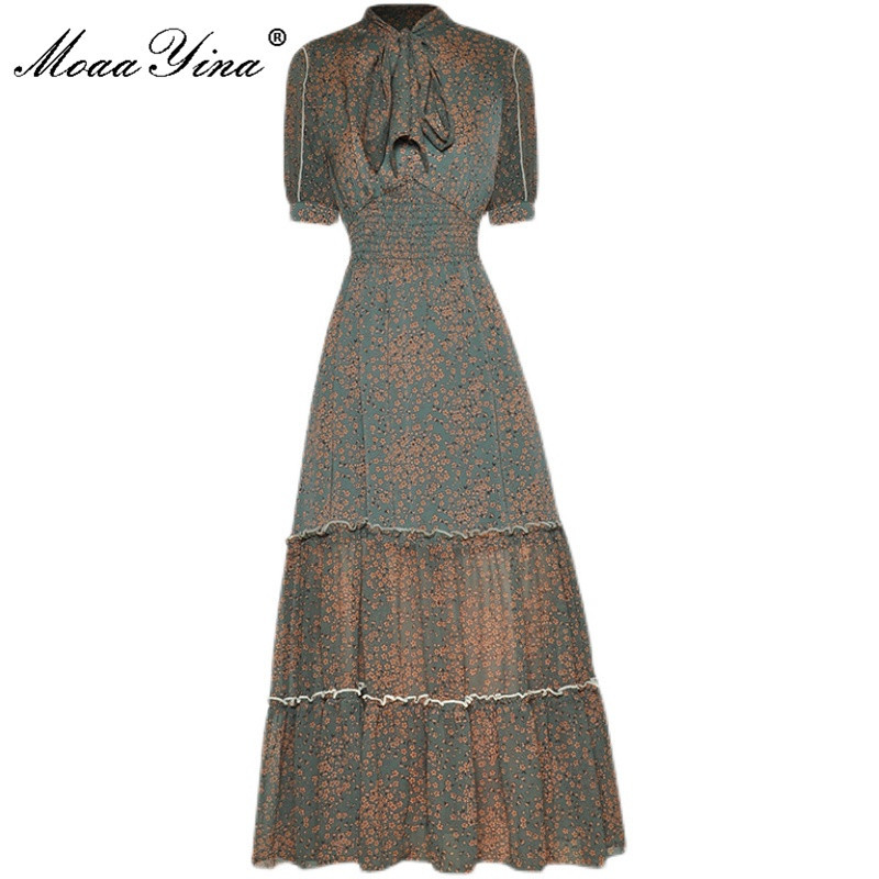 Summer Fashion Runway Vacation Dress Elastic waist Women's Elegant Puff sleeve Floral print Vintage Chiffon 210524