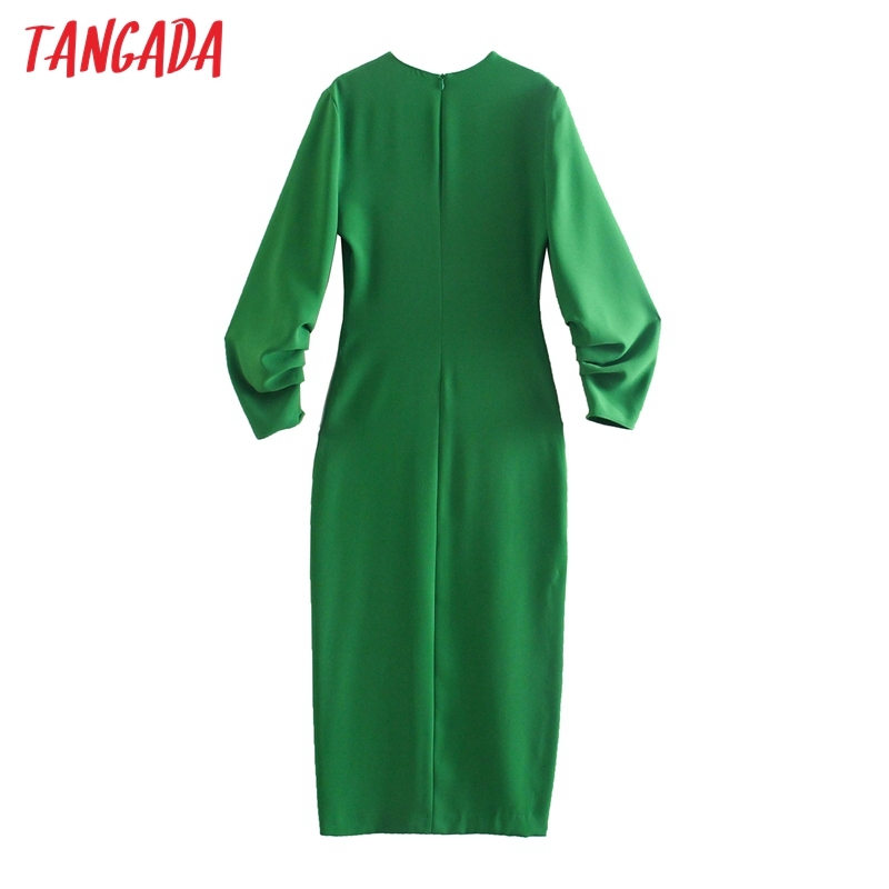 Women Chic Fashion Green Office Elegant Midi Dress Vintage Long Sleeve Zipper Female Dresses Vestidos BE470 210416