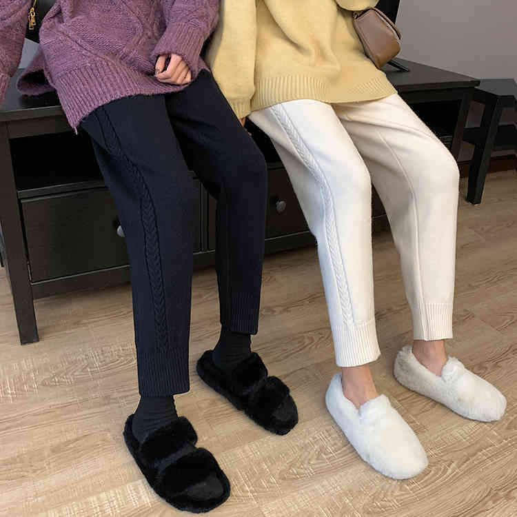 Nomikuma Autumn Winter Knitted Women Pants Lace Up Stretch High Waist Ankle Trousers Causal Solid Sweater Pants Femme 6D200 210427