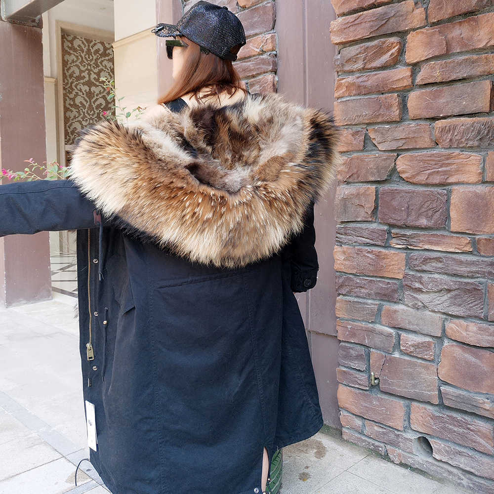 Maomaokong , chaqueta de invierno Real moda, abrigo piel natural, cuello mapache real, largo suelto 210816