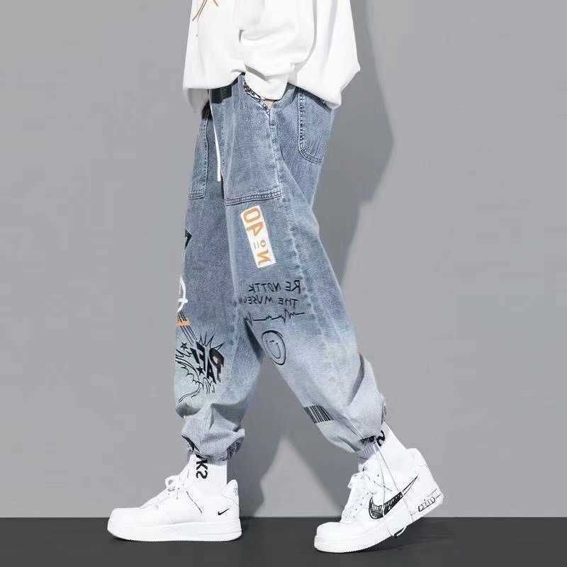 Yoa autumn new letter printing jeans men's fashion brand loose cartoon graffiti leggings and drawstring pants X0621
