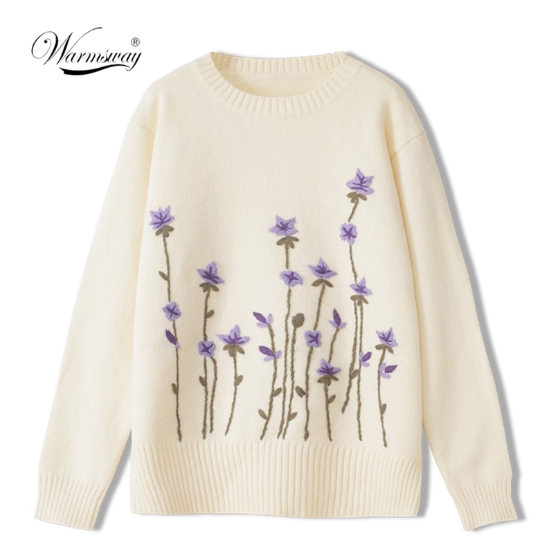 Girly Embroidery Purple Floral Pullover Sweater O-Neck Long Sleeve Fall Winter Loose Pullover C-103 210918