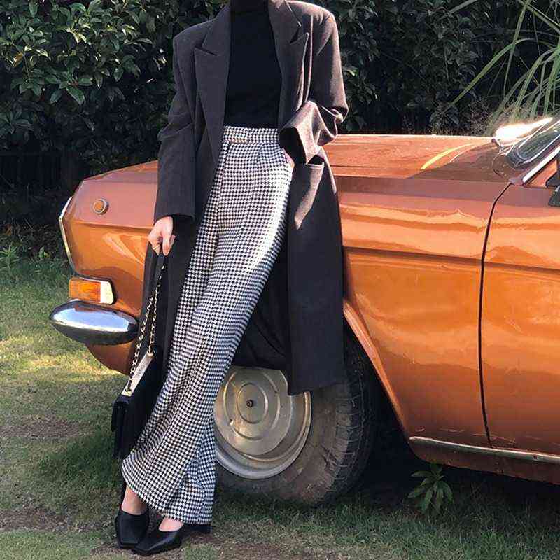 Winter Women Vintage Classic Casual Plus Velvet Pants Suit High Waist Joker Wide Leg Loose Fashion Plaid Trousers 211124