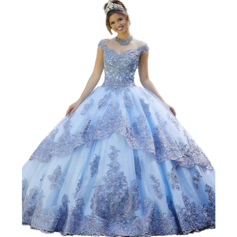 Sky Blue Princess Quinceanera Dresses 2022 Ball Gown Off Shoulder Appliques Lace Sequins Backless Sweet 16 Dress Brithday Party Prom Gowns Vestidos De