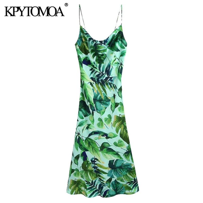 Women Chic Fashion Tropical Print Midi Camisole Dress Backless Side Vents Thin Straps Female Dresses Mujer 210420