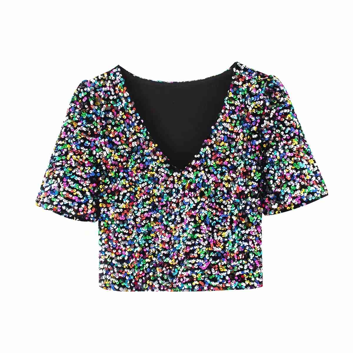 Foridol Colorful Sequin Blouse Shirt Casual Sexy Club Crop Top V Neck Short Tops Blouse Shirts Summer 210415
