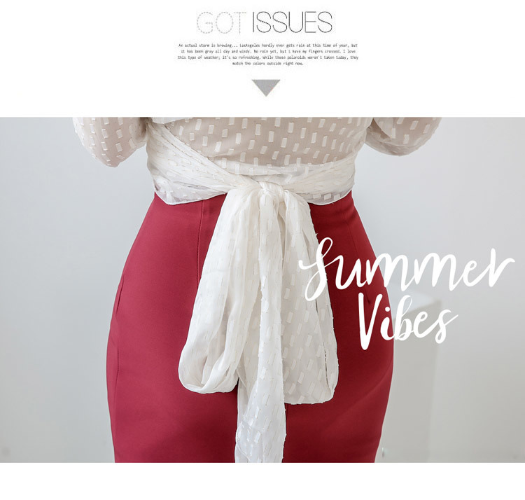 Elegant OL Style 2 Pieces Set V-Neck White Bow Chiffon Blouse & High Waist Pencil skirt Spring Office Ladies Women 210519