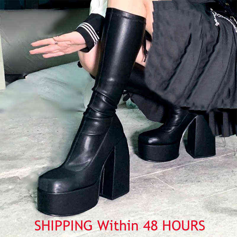 Punk Style Autumn Winter Boots Elastic Microfiber Shoes Woman Ankle Boots High Heels Black Leather Boot Platform Shoes For Women 211109