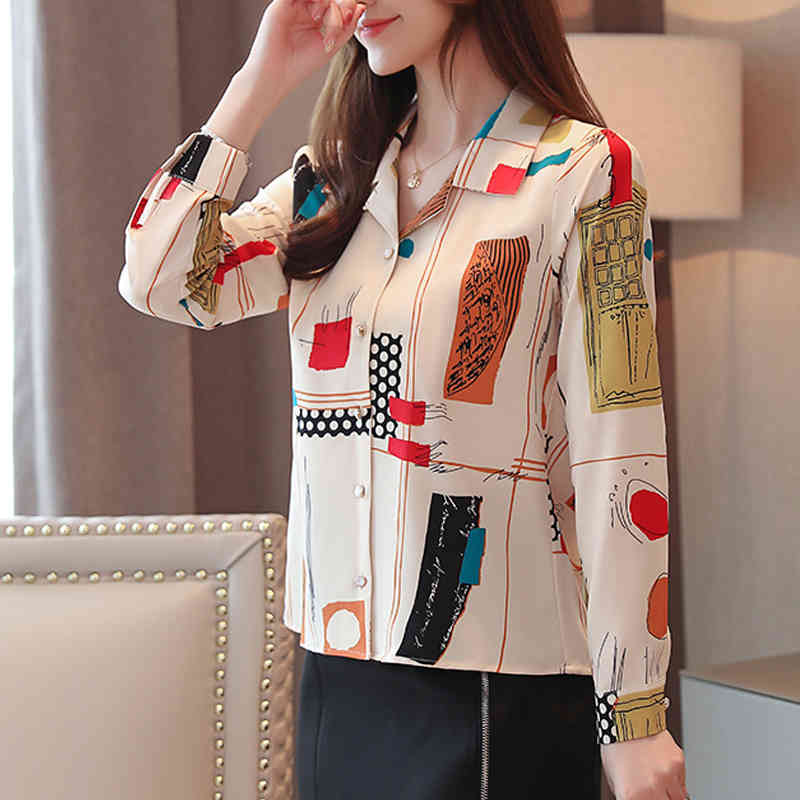 Long Sleeve Printed Blouse Women Shirt Casual Loose Cardigan Vintage Chiffon Tops Chemisier Femme 7106 50 210508